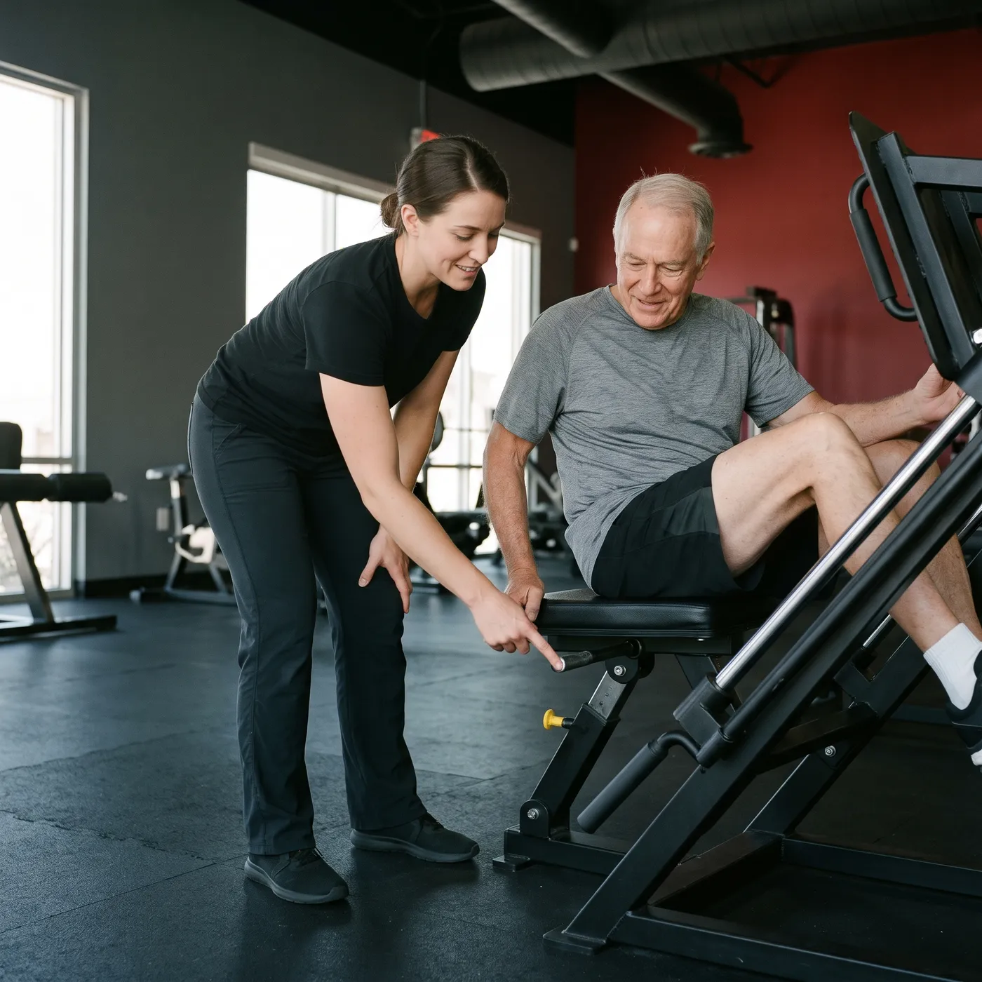 Coach helping an older member adjust the seat on a leg press machine