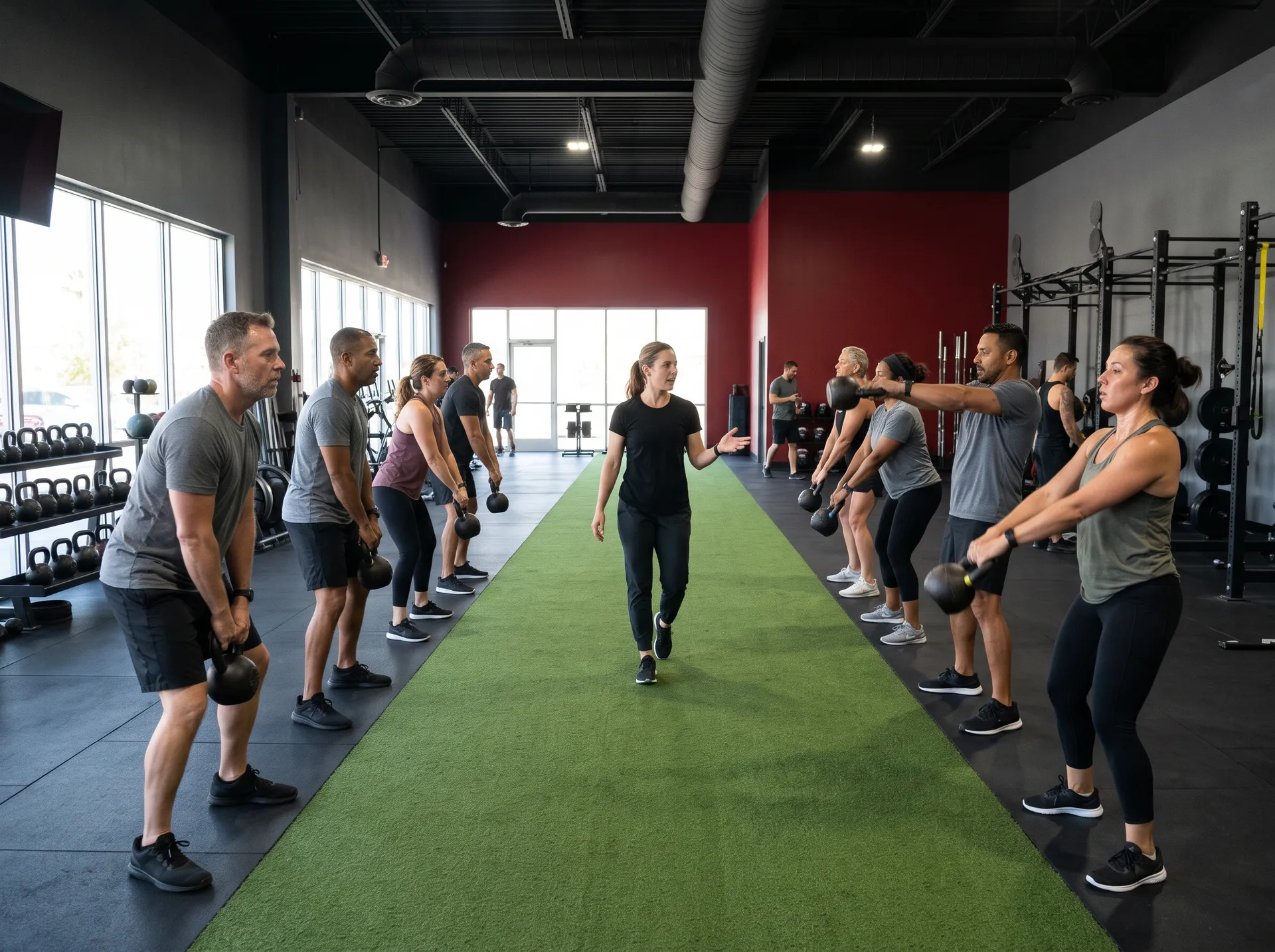 Coach-led HIIT class doing kettlebell swings on the turf lane at Peregrine Fitness