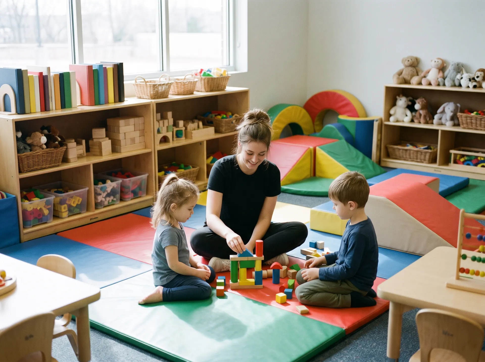Kids Club attendant building blocks with two children in the club playroom