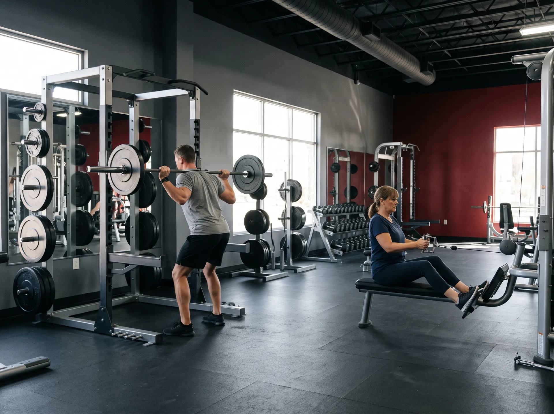 Member setting up a barbell back squat in a power rack while another member uses a cable row