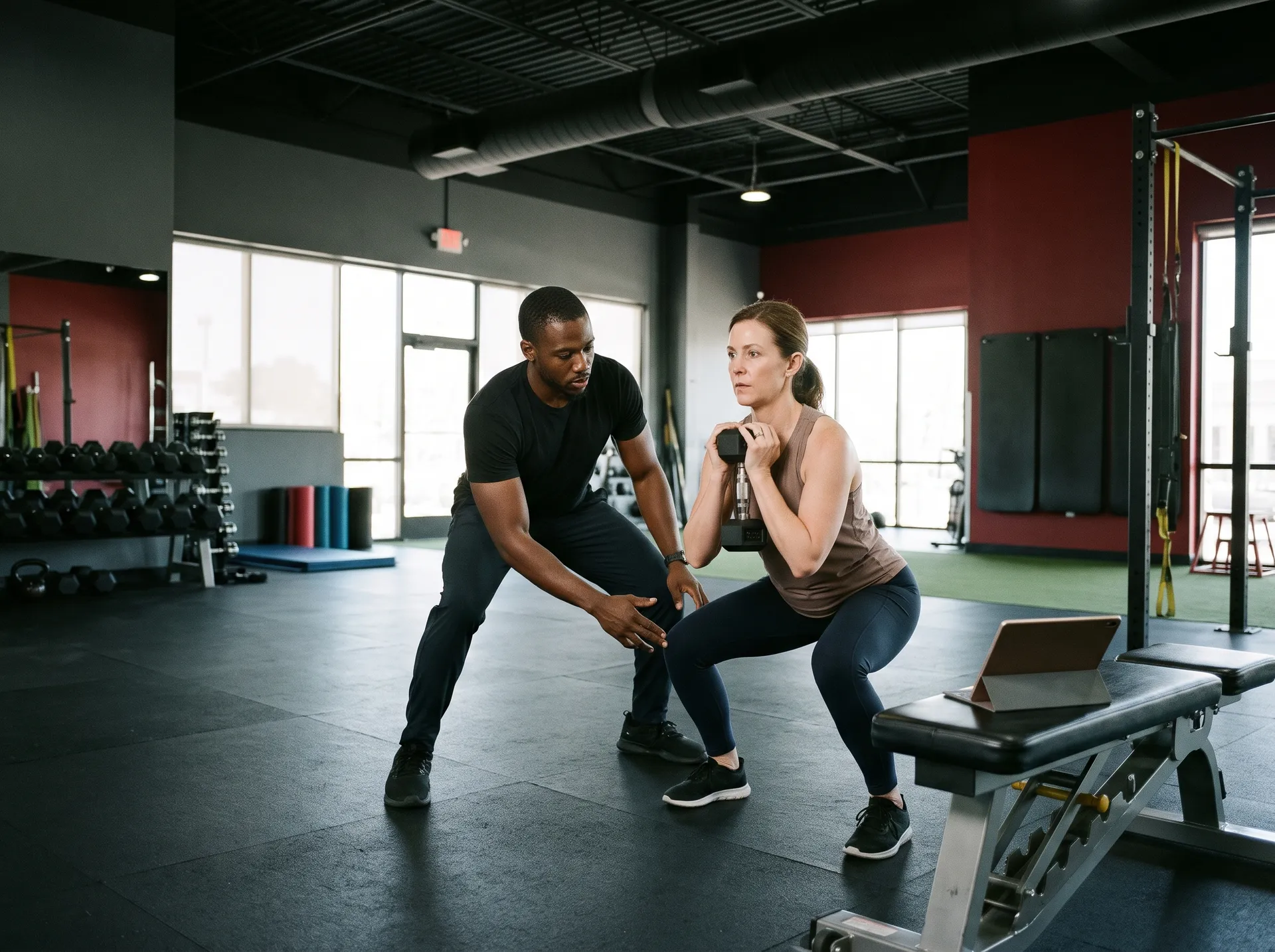 Personal trainer coaching a client through a goblet squat at Peregrine Fitness