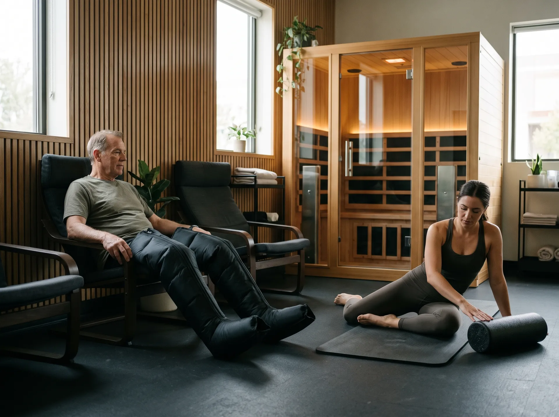 Recovery lounge with compression boots, a stretching area and an infrared sauna cabin