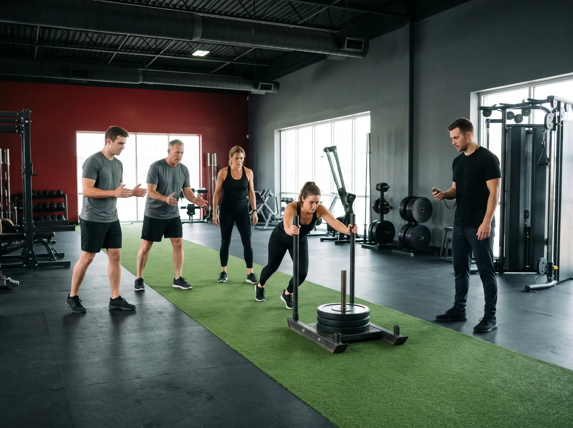 Small-group training session with a member pushing a weighted sled on the turf