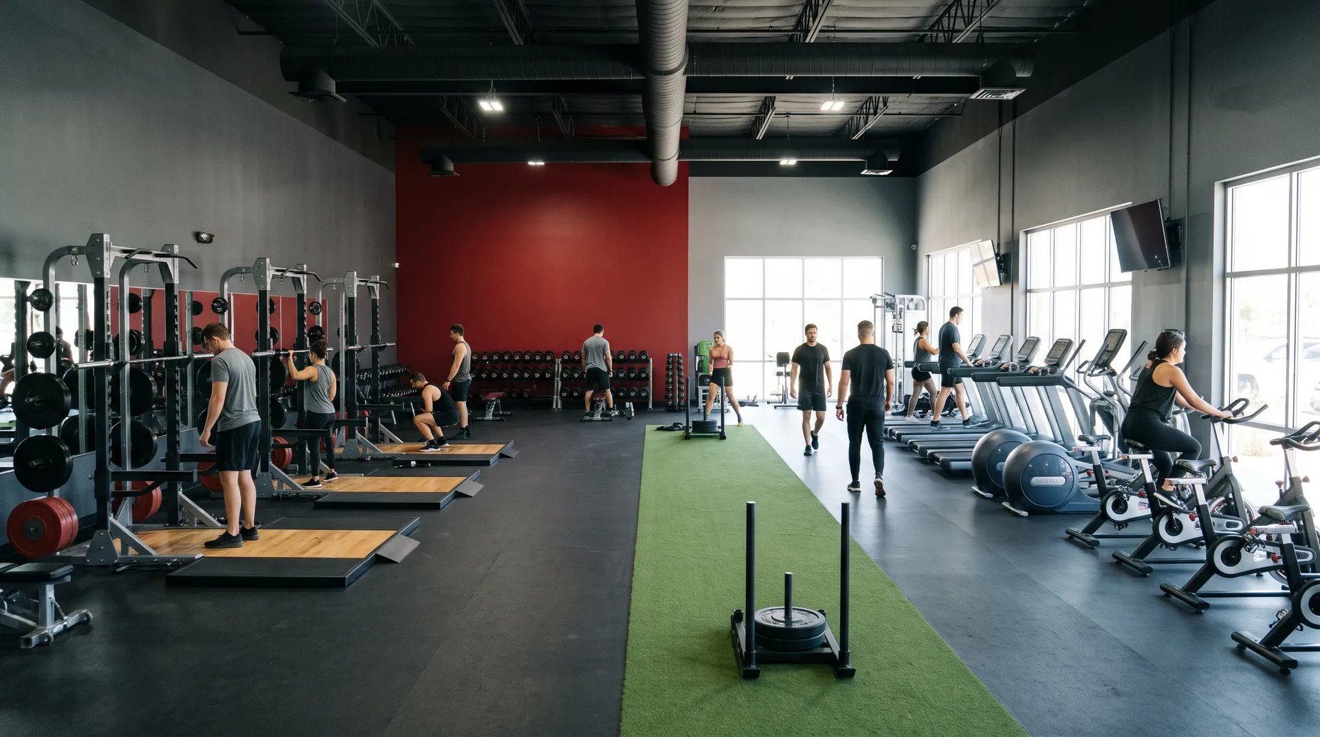 Wide view of a Peregrine Fitness training floor with power racks, a turf lane and cardio machines